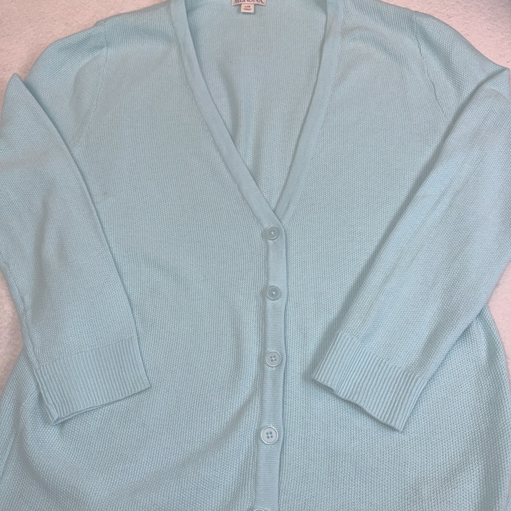 Merona Women's Large Aqua Blue Button Front Cardigan Sweater Cotton Knit L - Picture 9 of 9